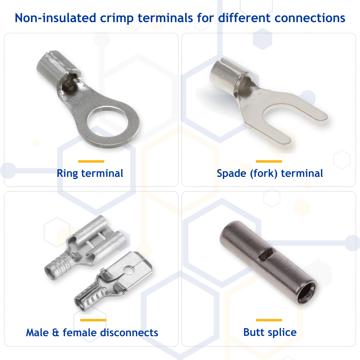 Four types of non-insulated crimp terminals: ring terminal, spade terminal, male and female disconnects, and butt splice